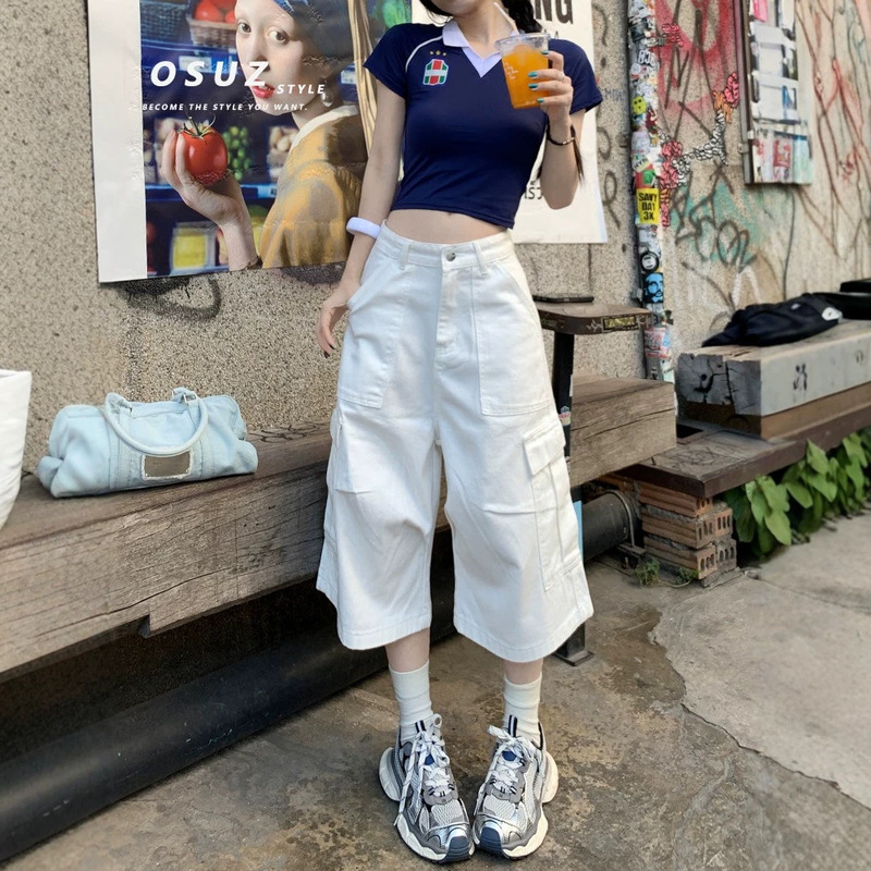 White Workwear-Style Cropped Wide-Leg Denim Shorts for Women, Summer New Style, Loose Fit, Slimming, Multi-Pocket, Casual Straight-Leg Mid-Length Pants