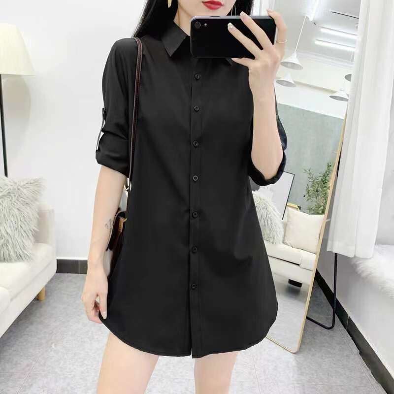 White Shirt Women's Long Sleeve Mid-length Korean Style 2025 New BF Sexy Shirt Loose plus size Base Pajamas Style
