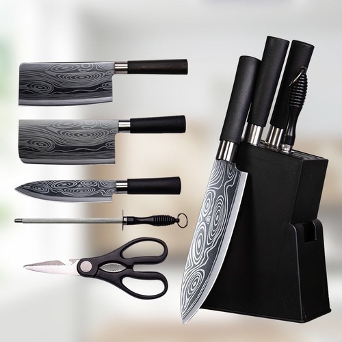Home Stainless Steel Damascus Pattern Laser Engraved Chef's Knife, Slicing and Bone Cutting Set, Complete Kitchen Knife Gift Set