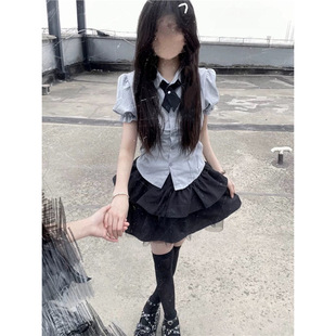 小個子穿搭!jk制服女泡泡袖襯衫+拼接蕾絲邊蓬蓬短裙蛋糕套裝女