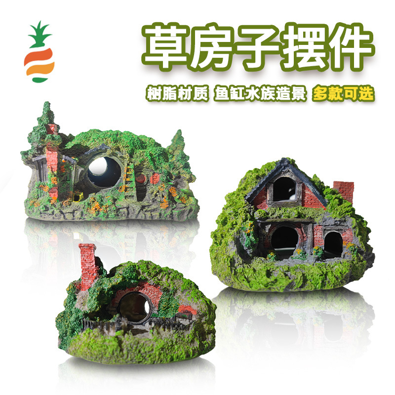 Pecera explosiva, decoración de paisajismo, casa de paja de micropaisaje, casa de paja real de resina, casa de paja, decoración artesanal de acuario