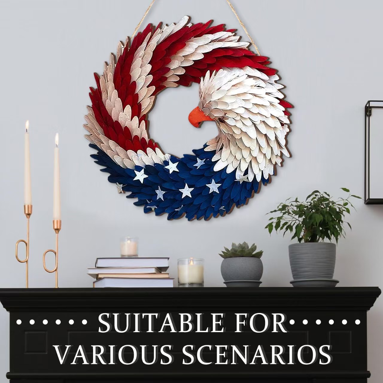 Colgante Día de la Independencia rayas bienvenida puertas de madera rustiana americana decoración de la casa pared frontal porche lista de granja