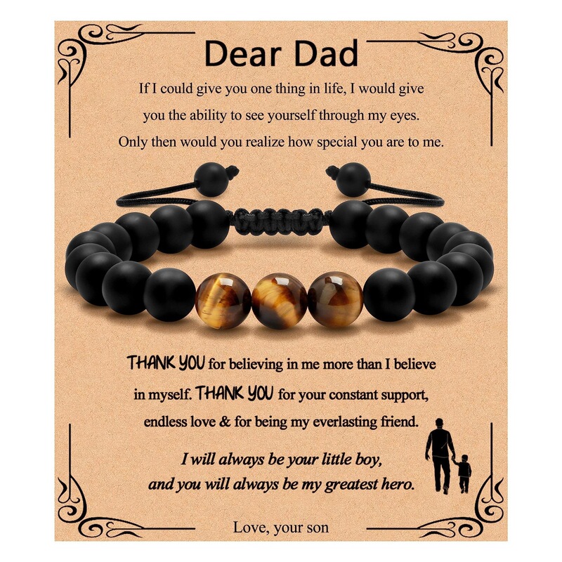 Amazon Father's Day Bracelet Tiger's Eye Beads Black Rope Braided Adjustable Bracelet Black Matte Tiger's Eye Stone Bracelet for Men