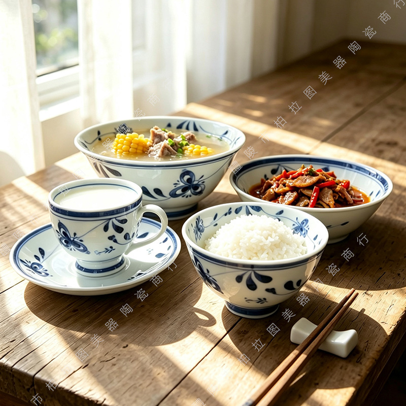 Japanese-style blue and white ceramic tableware set for home use, including rice bowls, soup bowls, plates, underglaze hand-painted dishes, fresh and elegant tableware