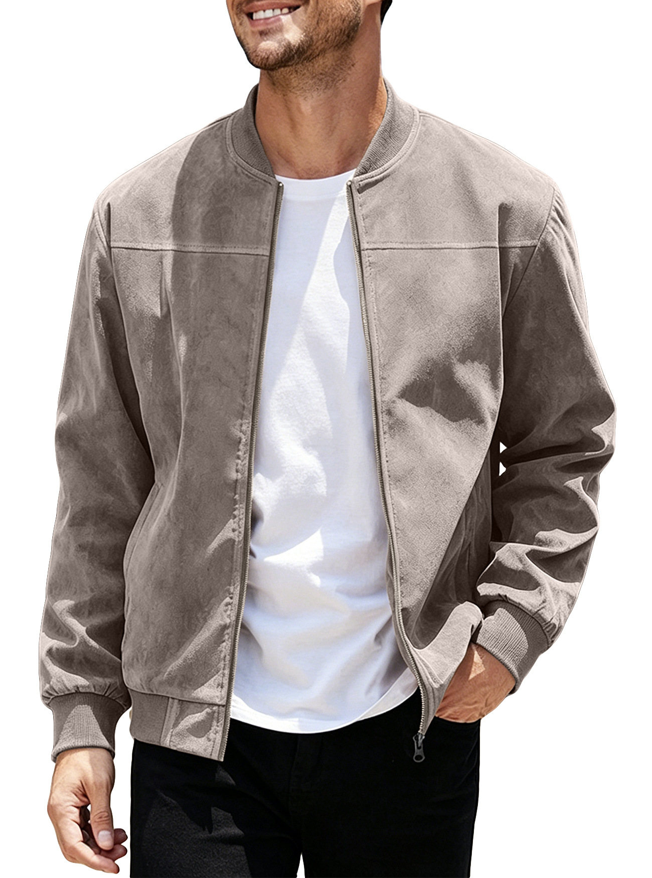 Chaqueta de aviador de gamuza para hombre, estilo europeo y americano, para otoño, color sólido, con cremallera, estilo retro americano, de manga larga.