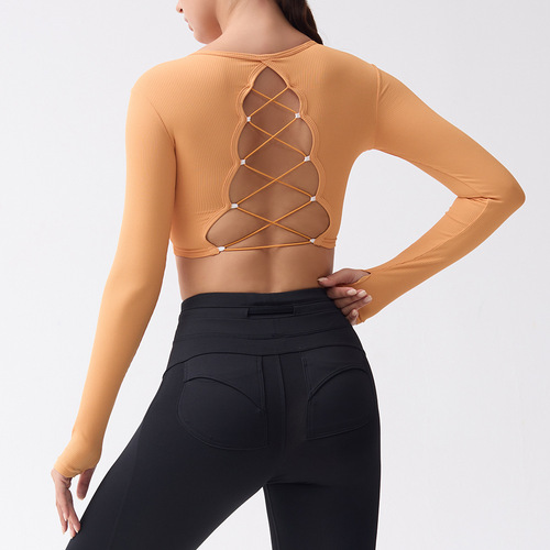Hollow sexy backless fitness clothing sports tops yoga Pilates training clothing long sleeves with chest pads that can be worn outside