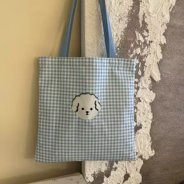 Blue Plaid Puppy Cute Genuine Sweet Student Shoulder Satchel Tutoring Bag Canvas Lightweight Small Fresh Outing