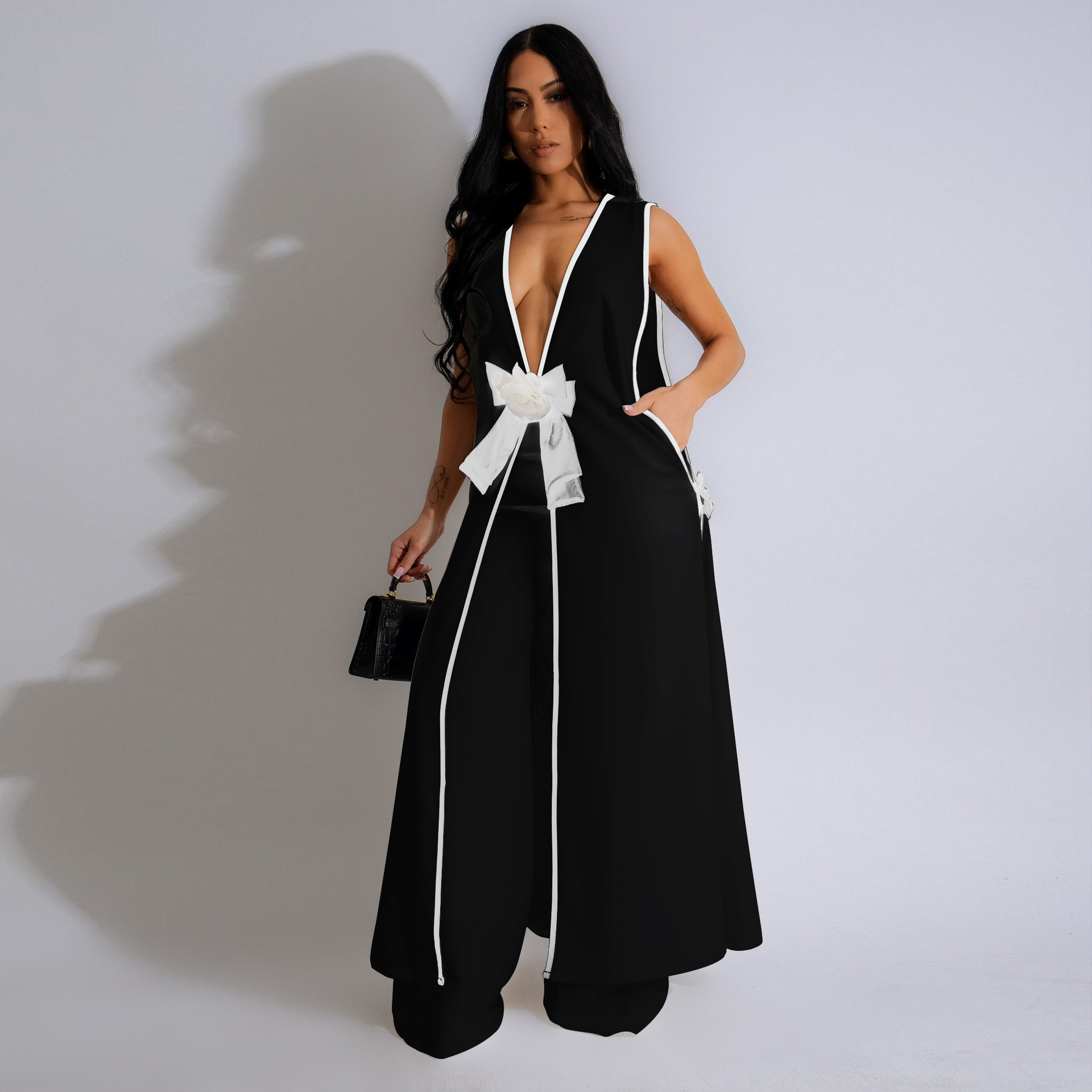 Women's Clothing Hot sale fashion ladies suit sexy camellia bow sleeveless long vest dress wide leg pants suit_voghion.com
