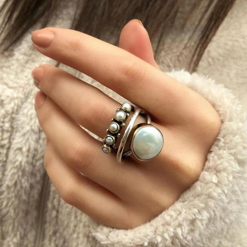 retro creative one size fashionable gemstone ring pearl