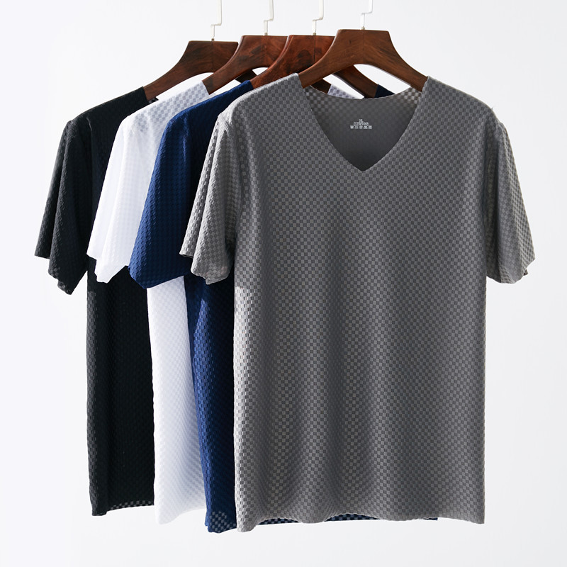grid Borneol man No trace Short sleeved V-neck summer Trend Thin section Self cultivation Broad shoulders motion Youth Internal lap Solid