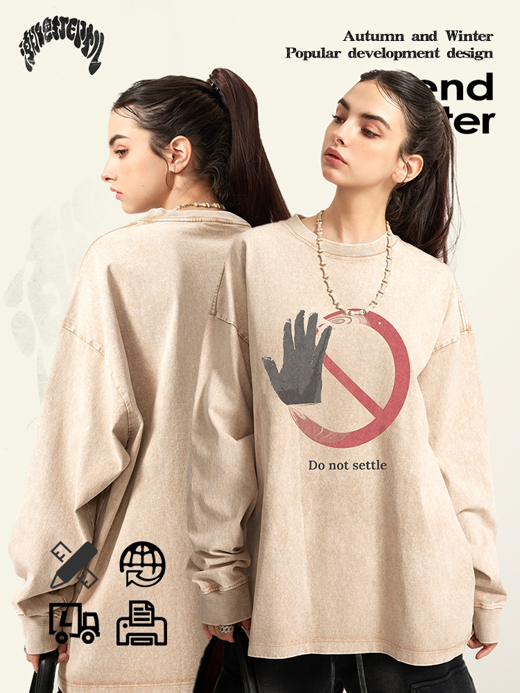 Impresora de marcas| 2025 primavera y otoño versión suelta de algodón retro lavado en agua mangas largas no toque impresión digital camiseta hombre