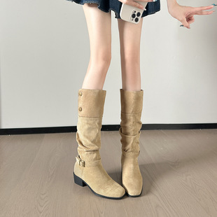 237-9g Suede French Boots, No More Than Knee-High Boots, 2025 Autumn and Winter New Retro Women's Boots, Pleated Boots