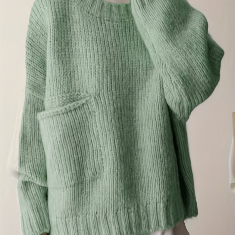 Plus Size Solid Pocket Crew Neck Sweater Casual Long Sle跨境|undefined