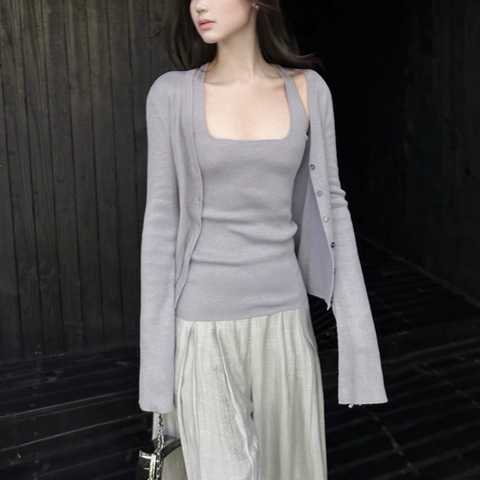 5Werkwe Knitted Cardigan Jacket for Women Spring and Summer Long-Sleeved Thin Halter Neck Vest Purple Design Two-Piece Suit 5Werkwe Knitted Cardigan Jacket for Women Spring and Summer Long-Sleeved Thin Halter Neck Vest Purple Design Two-Piece Suit