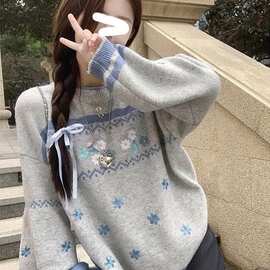 慵懒2026新款手工钩花毛衣女冬加厚复古宽松圆领针织上衣图片色