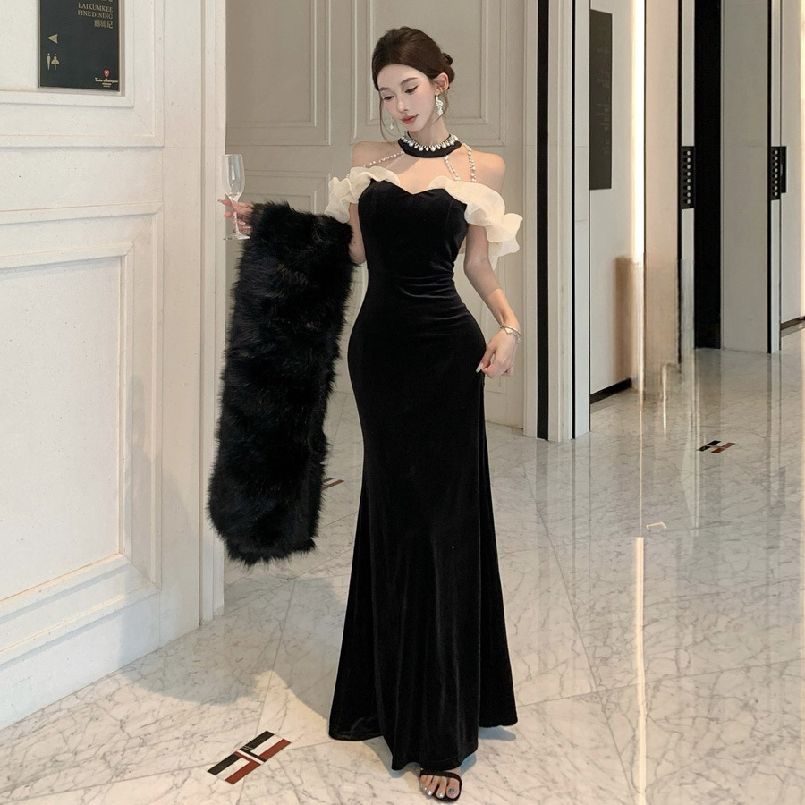 8731 European and American Cross-Border Export Women's Heavy-Duty Celebrity Beaded Evening Dress Waist Sexy Velvet Fishtail Dress