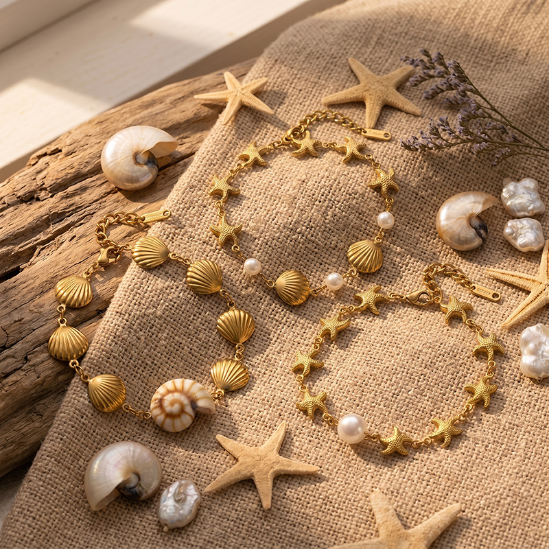 Tina Europa y los Estados Unidos venta transfronteriza pulsera de acero inoxidable ligera lujosa pulsera de estrellas de mar de alta calidad conchas marinas mujeres no desvanecen