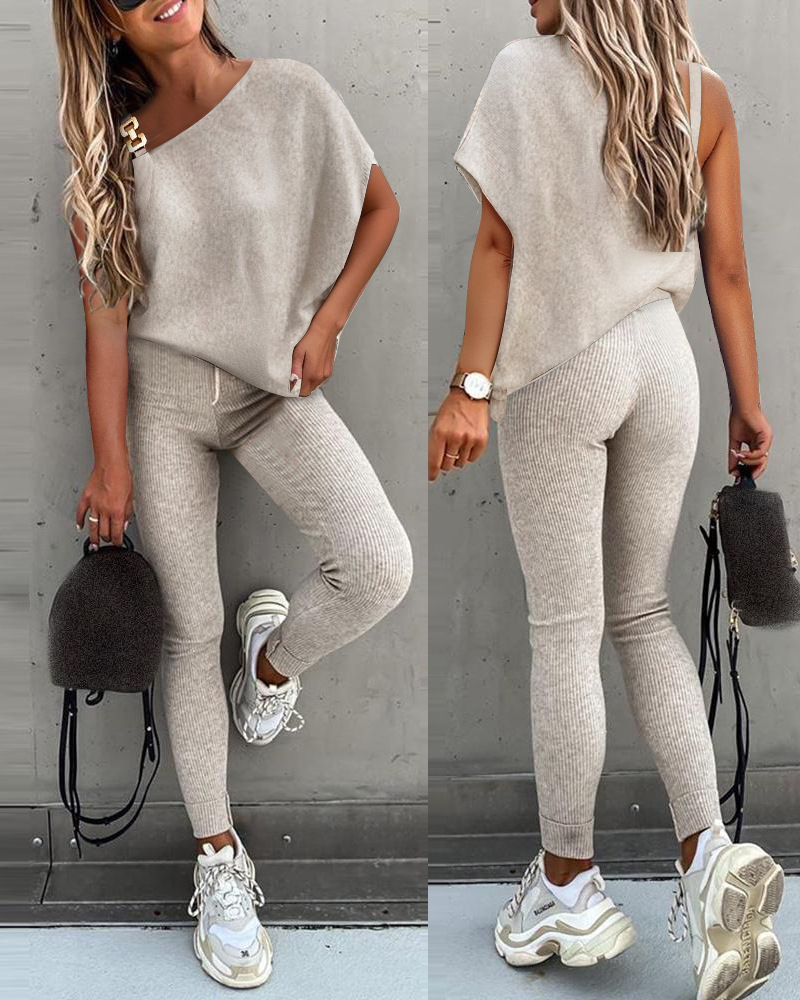 Women's casual L metal buckle slanted shoulder top + pants two-piece suit_voghion.com
