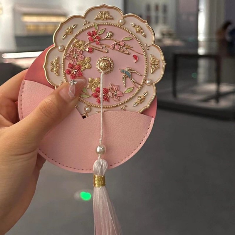 桃花文创手持镜子新中式随身手柄化妆镜古风蝴蝶镜子厂家批发|undefined