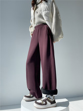 仿羊驼拼接直筒裤女秋冬加绒加厚新款安可拉红宽松休闲阔腿裤子