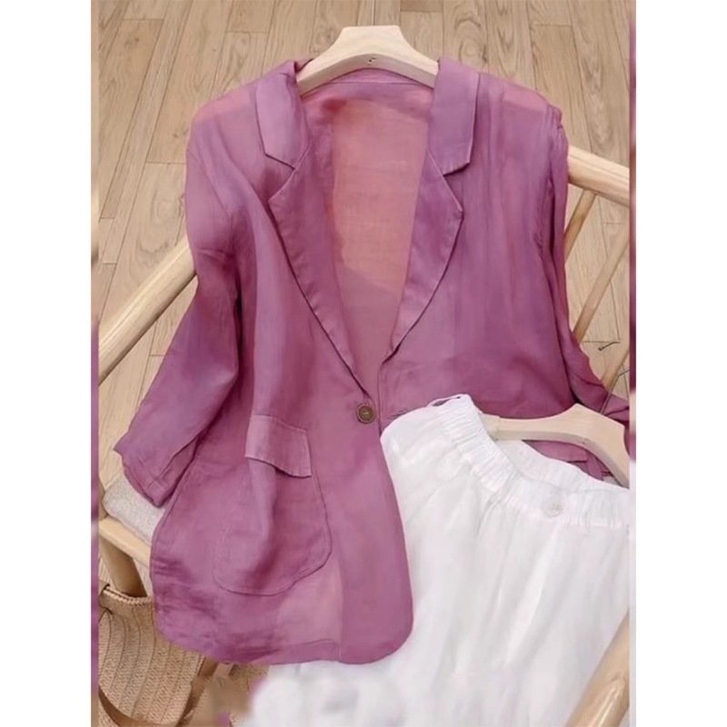Western Style Gentle Wind Pink Purple Ramie Shirt Summer High-end Unique High-end Super Temperament Sunscreen Beautiful Top