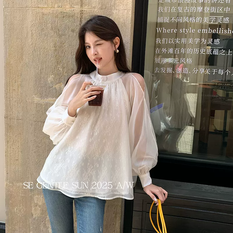 【特价不退换】秀熙熙秋季温柔蕾丝系带雪纺长袖衬衫女上衣89490