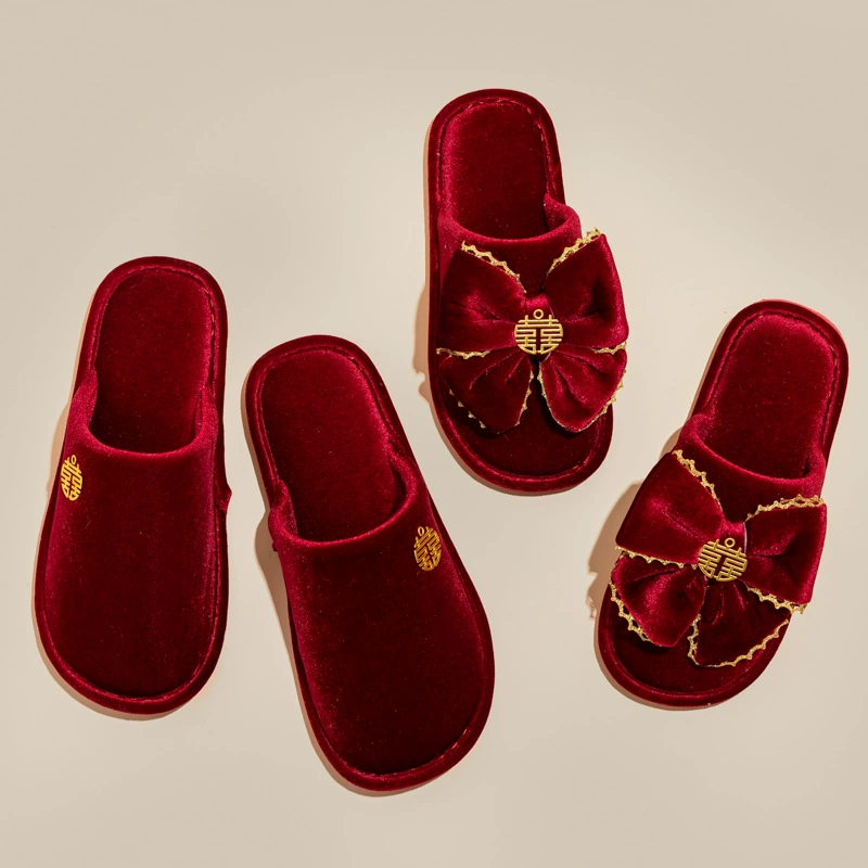 Свадебные тапочки Праздничные большие красные домашние пары Новые свадебные туфли Сопровождение хлопковых тапочек Премиум свадьба