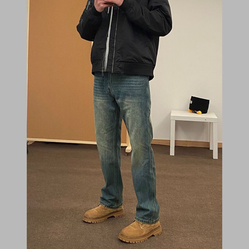 New Stylish Versatile Slim American Washed Vintage Whiskered Jeans for Men and Women Cleanfit Straight Pants