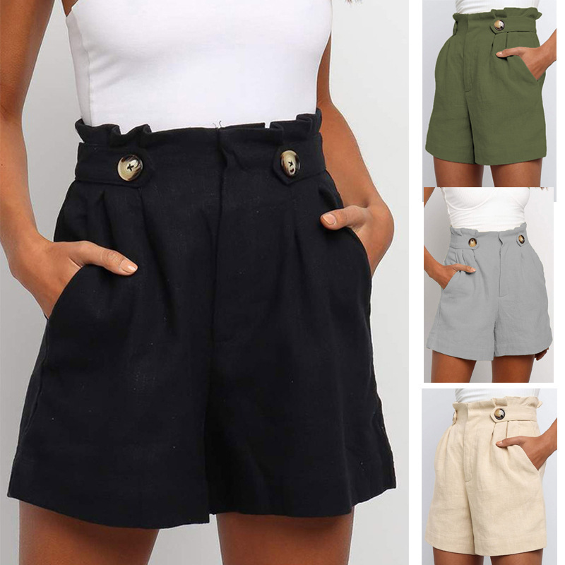 Amazon Casual Shorts for Women 2026 Summer New European and American Style Solid Color High-Waisted Ruffled Loose Straight Pants
