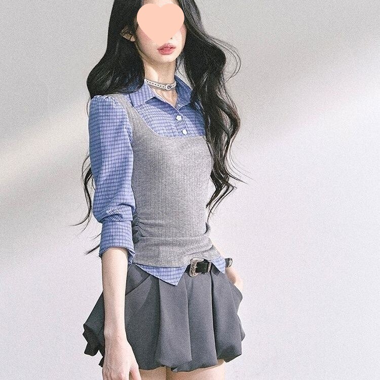 2025年秋季假两件拼接格子衬衫+辣妹花苞裙两件套女格子拼接衬衫|undefined
