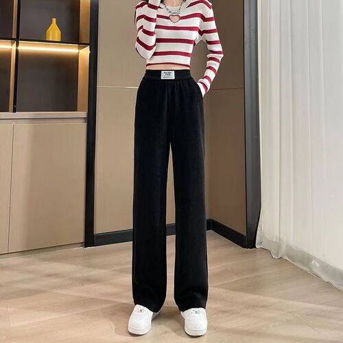 Wool-lined and thickened lambskin wide-leg pants for women - winter new styles, versatile, high-waisted, loose straight-leg, warm and comfortable.