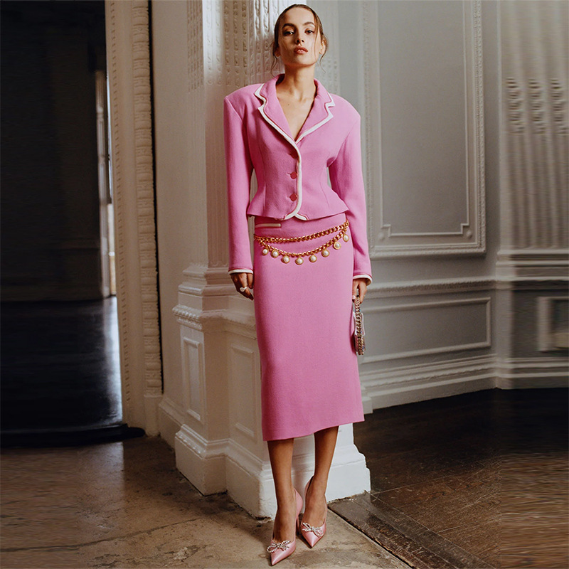 Women's Clothing star fashion white edge contrast small suit jacket mid length skirt suit two piece suit_voghion.com