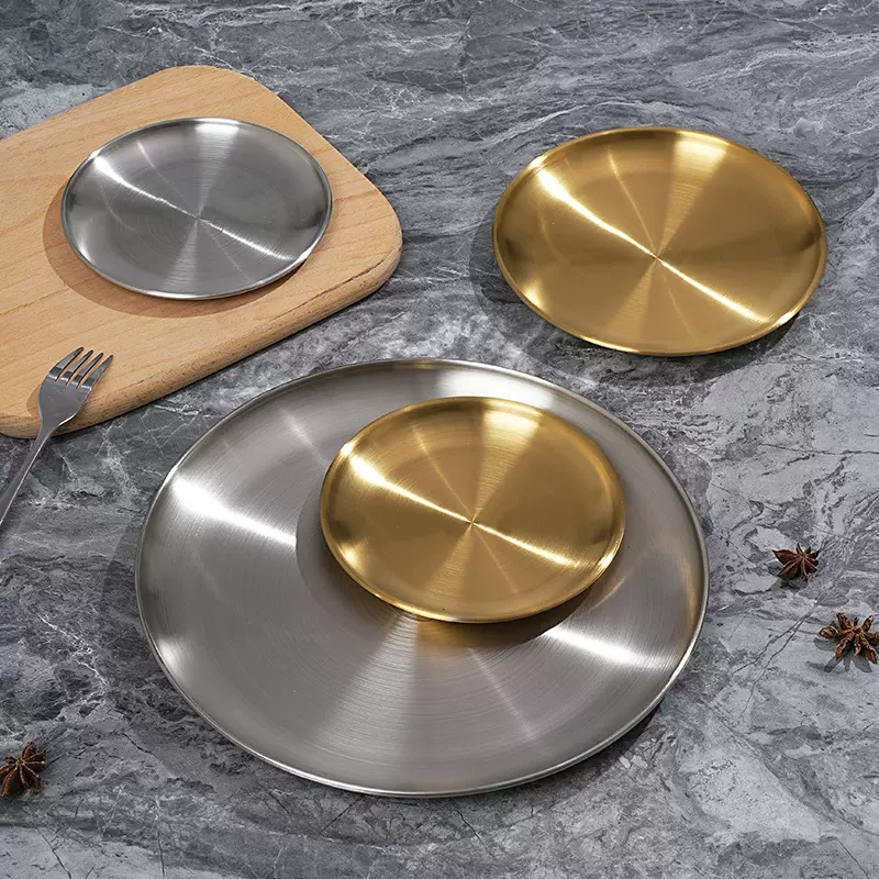 不锈钢盘烤肉圆形简约自助餐盘金属托盘烧烤水果甜品盘子节日礼品