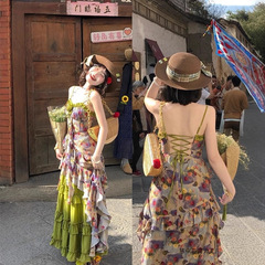 绿野玫瑰岛 度假风复古油画感露背碎花吊带裙+半裙+开衫三件套女