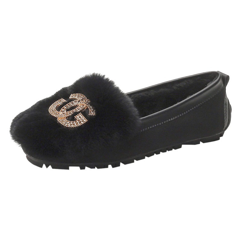 Mocasines Otoño e Invierno de las mujeres con forro polar 2023 nueva moda rhinestone hebilla Rex zapatos de piel de conejo desgaste exterior zapatos planos slip-on image 1