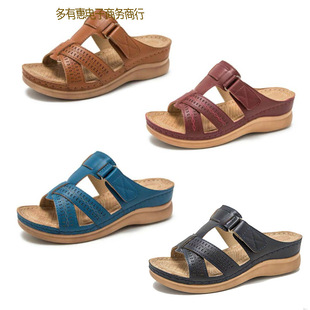 Women's wedge platform hollow-out slippers European and American Foreign trade plus size casual slip-on stitching wedge striped sandals