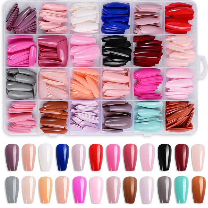 576 Pieces of Simple 24-Grid Colorful Wearable Nails, Solid Color Glossy Nail Tips, DIY Short Nail Tips