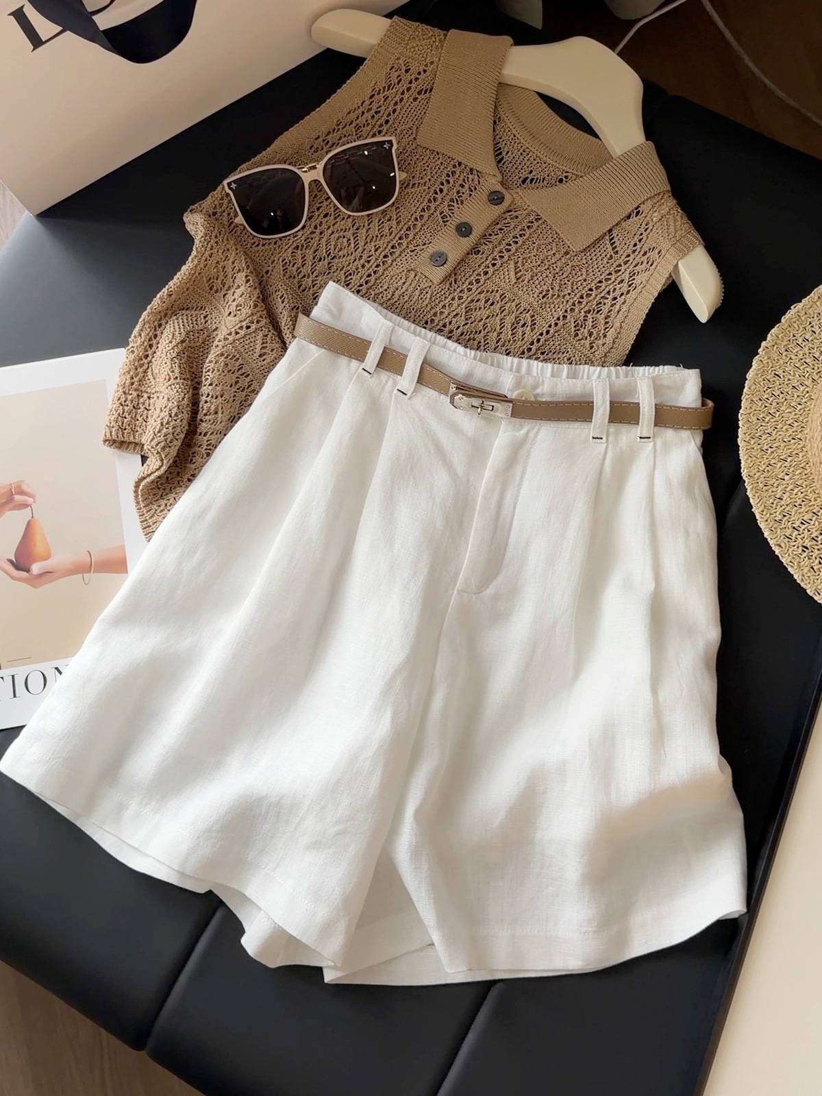 Quần short nữ ống rộng cạp cao chất liệu cotton pha linen phong cách lão tiền phong — Tiền cũ chi tiết 9