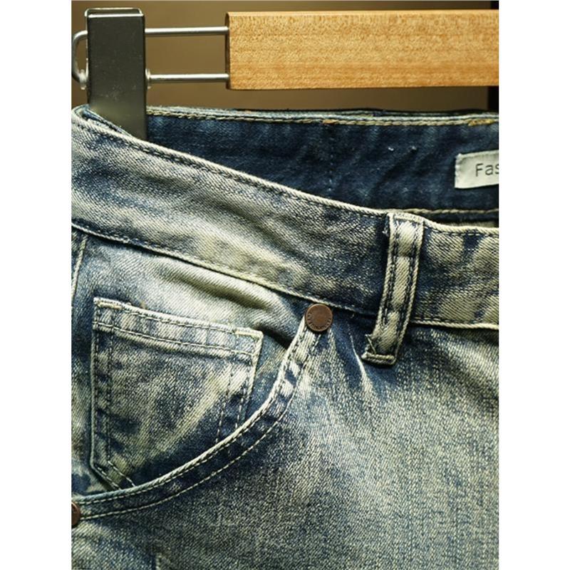 Abbigliamento maschile Jeans da motociclista retrò alla moda per uomo, Jeans skinny aderenti elasticizzati con patchwork effetto consumato, Pantaloni casual lavati in stile coreano._voghion.com