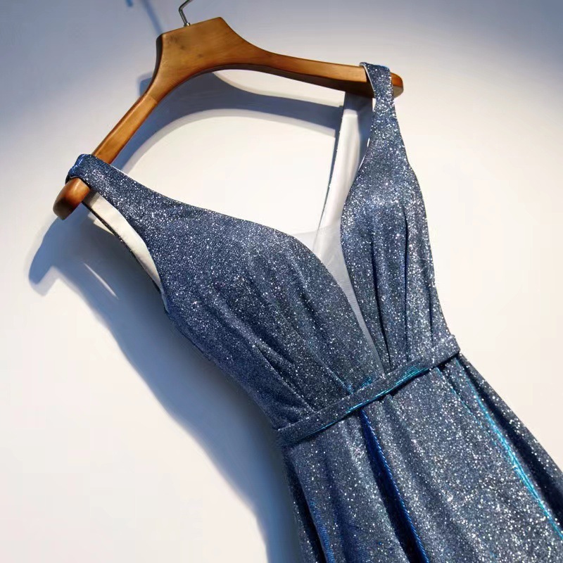 Banquet evening dress blue flash silk Starry Sky costume mid-length dress model room high quality women's clothing wholesale