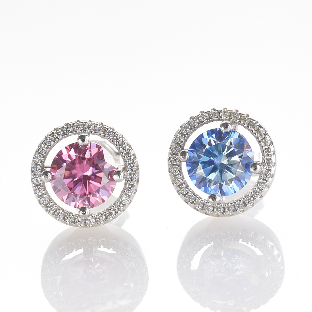 S925 plata esterlina diamante moissan pendientes 1 quilate 6.5mmX2 rosa azul moissanita pendientes