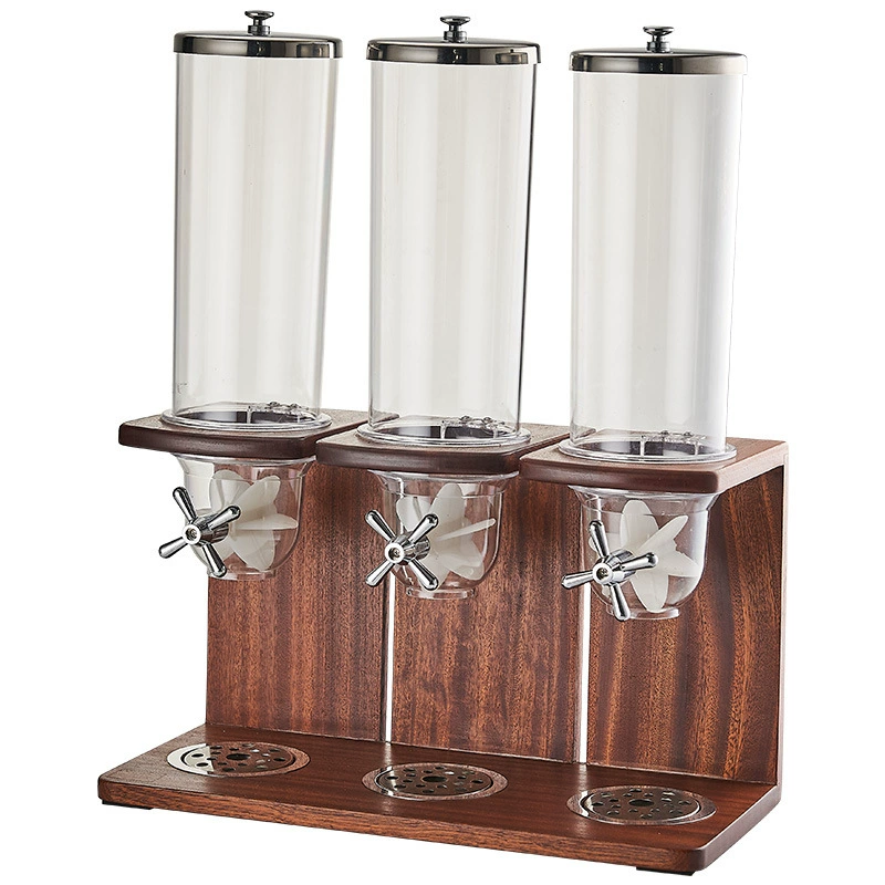 Solid wood base cereal dispenser hotel cafeteria corn cereal machine cereal jar double head three heads