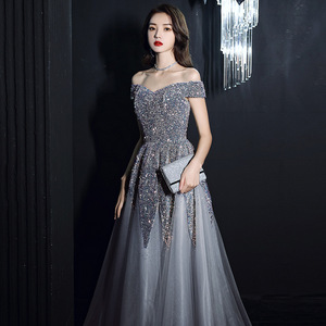 Silver pink sequins evening dress female temperament party socialite sequins word shoulder long dress is the annual meeting of the host singers color piano dress