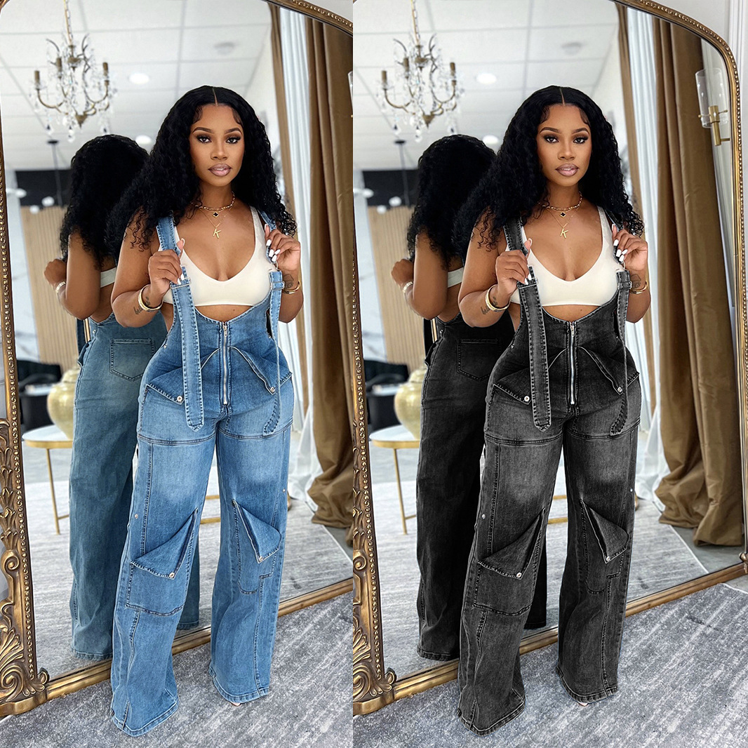 S391400 Cross-border European And American Loose Version High-waisted Denim Overalls, Women's Fashion Casual Wide-leg Jumpsuit_ecoleips.com