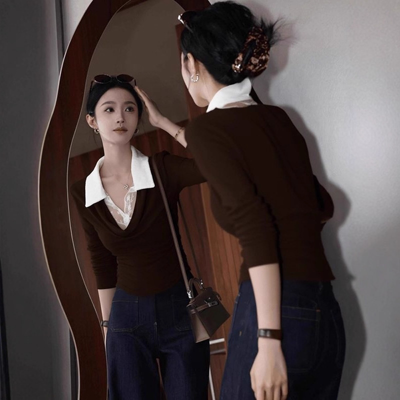 [Official Picture Soft Waxy Cashmere 230g 1*] High-Sense Strappy Waist Korean Long-Sleeved Korean One-Shoulder Top