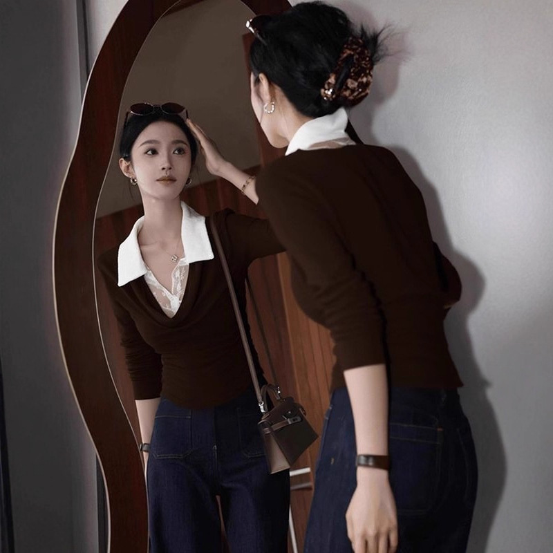 [Official Picture Soft Waxy Cashmere 230g 1*] High-Sense Strappy Waist Korean Long-Sleeved Korean One-Shoulder Top