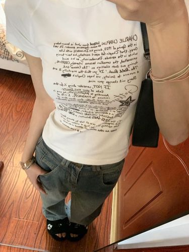 【40 Pieces Cotton-Imitation】Square-Neck Short-Sleeve Women's Letter Print Slim Fit Short-Sleeve Top White American Style