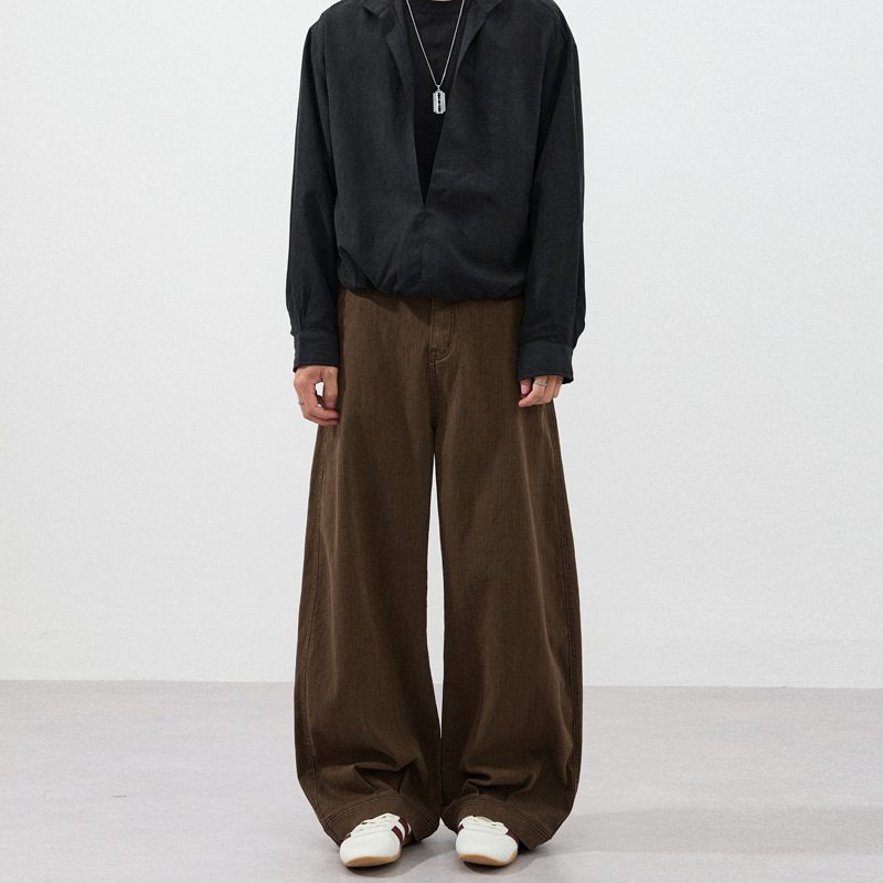 American-style curved-leg pants, dark brown wide-leg pants, draping, distressed, workwear, casual pants, unisex, loose-fitting, floor-length pants, trendy brand American-style curved-leg pants, dark brown wide-leg pants, draping, distressed, workwear, casual pants, unisex, loose-fitting, floor-length pants, trendy brand