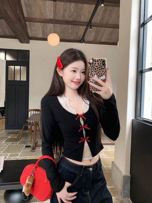 超好看甜辣风镂空蝴蝶结长袖上衣女秋季纯欲蕾丝挂脖背心两件套装|undefined