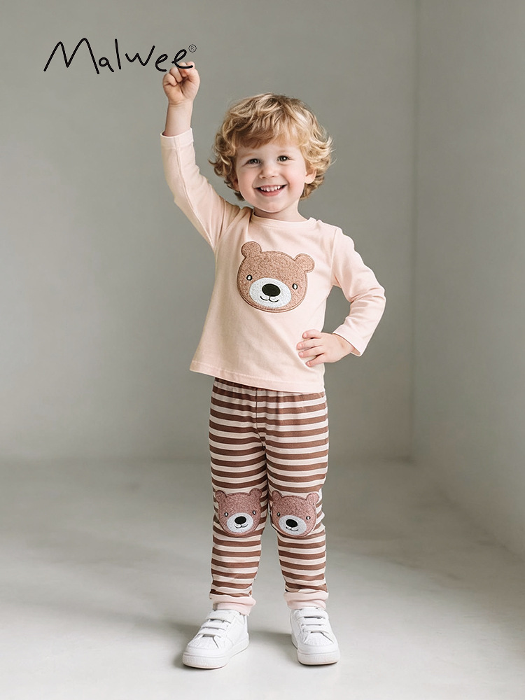 Malwee set de niños otoño y invierno nuevo estilo europeo y americano ropa de casa para niños de media edad, cuello redondo, manga larga para niños dos piezas set